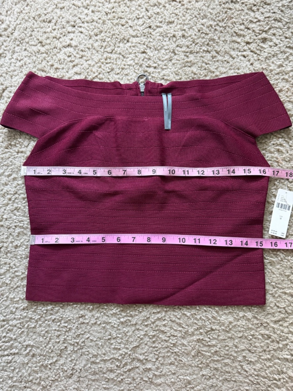 By Anthropologie Dark Wine Off-The-Shoulder Bandage Cropped Sweater Sz M NWT - Picture 12 of 13